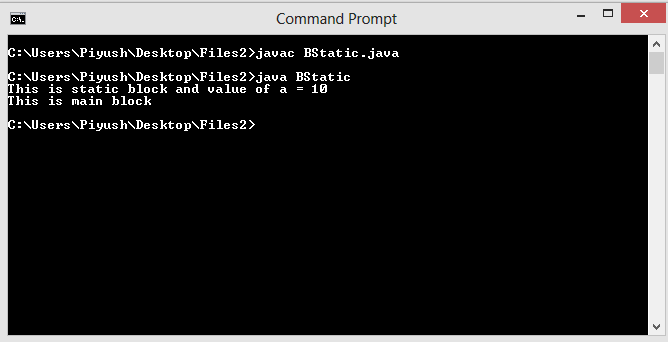 This image describes the output of sample program for static block under static keyword in java.
